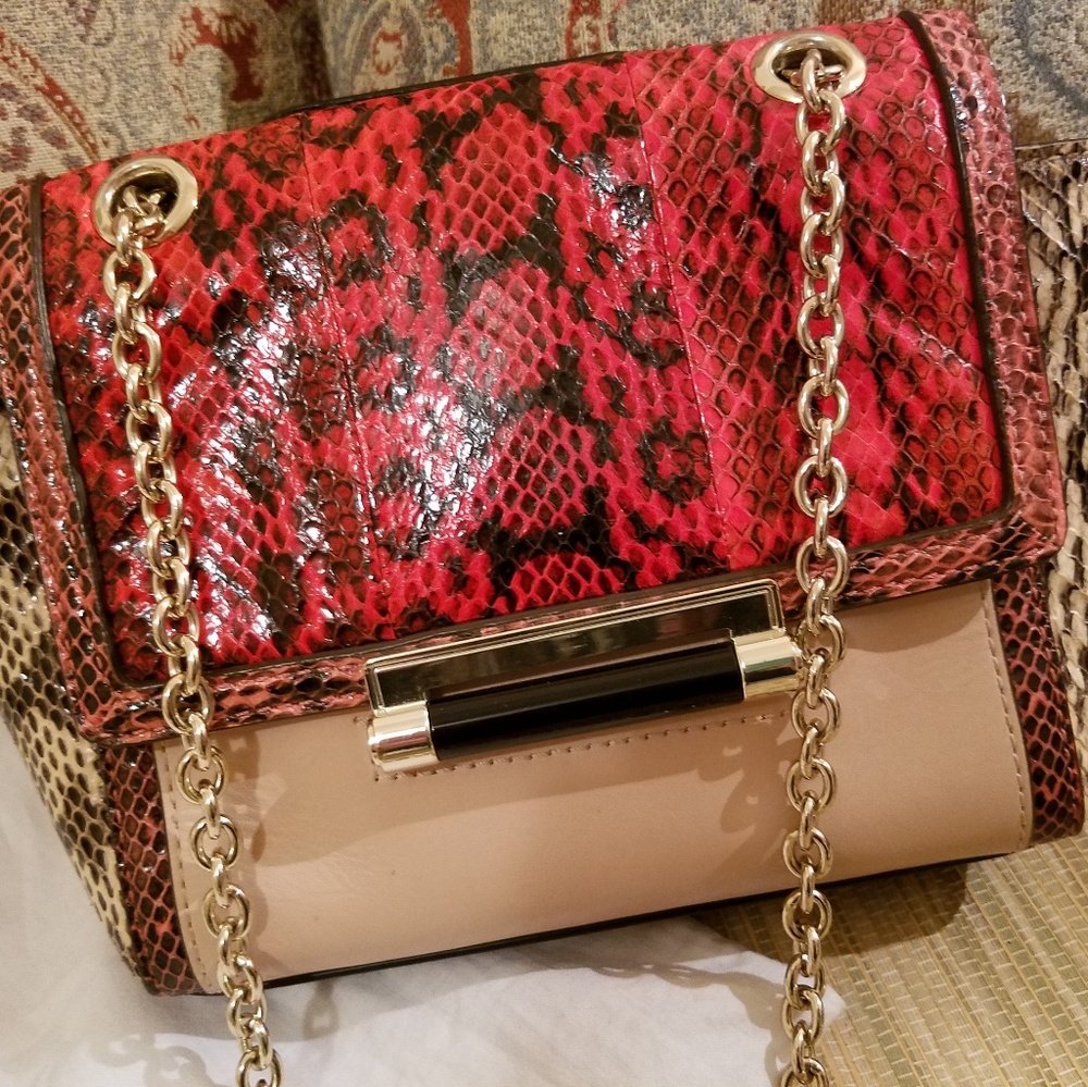 Diane von Furstenberg Red Tan Clutch Crossbody Gold Chain